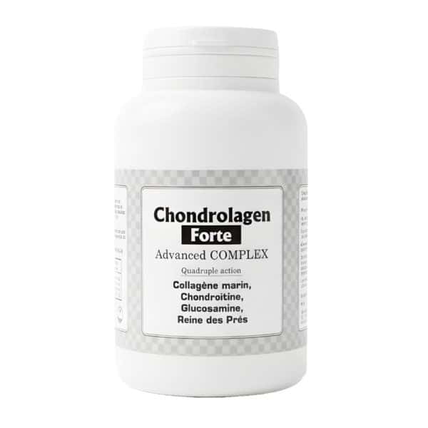 Chondrolagen Forte contient du collagène marin, de la glucosamine, de la Reine des prés et de la Chondroïtine.