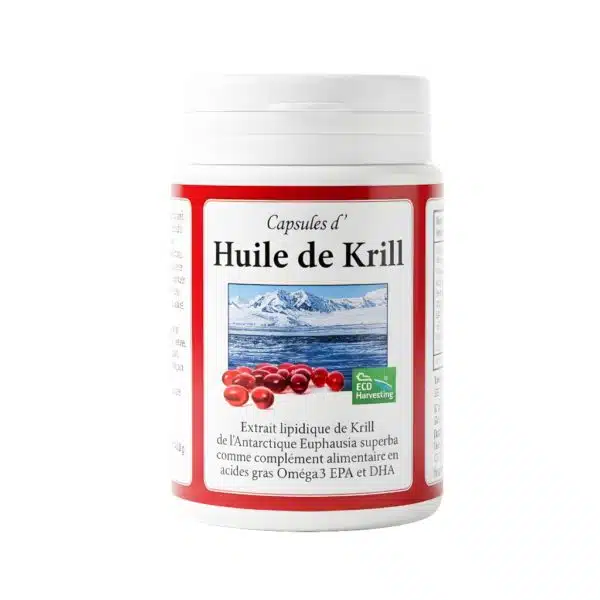 L’Huile de Krill, une source supérieure en oméga-3, DHA, EPA, choline, astaxanthine et phospholipides essentiels, écoresponsable et sans odeur.