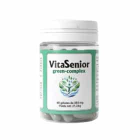 VitaSenior green-complex associe spiruline riche en fer, camu-camu source de vitamine C, extrait de pépins de raisin (OPC), et zinc.