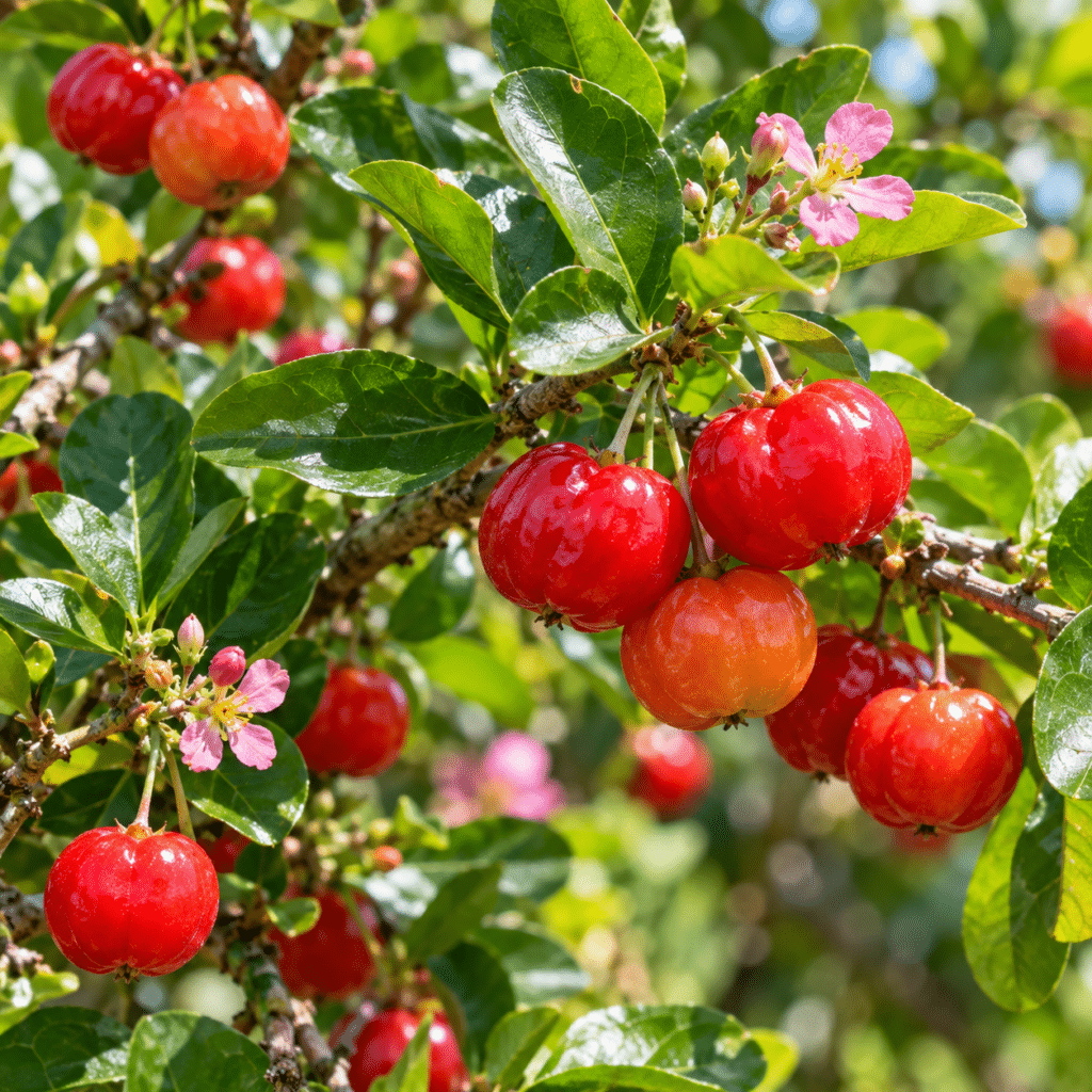 L’acérola (Malpighia emarginata), petit arbuste chargé de fruits rouges, est réputé pour ses cerises naturellement très riches en vitamine C, dont est issu l’extrait utilisé dans Immun+ D3.