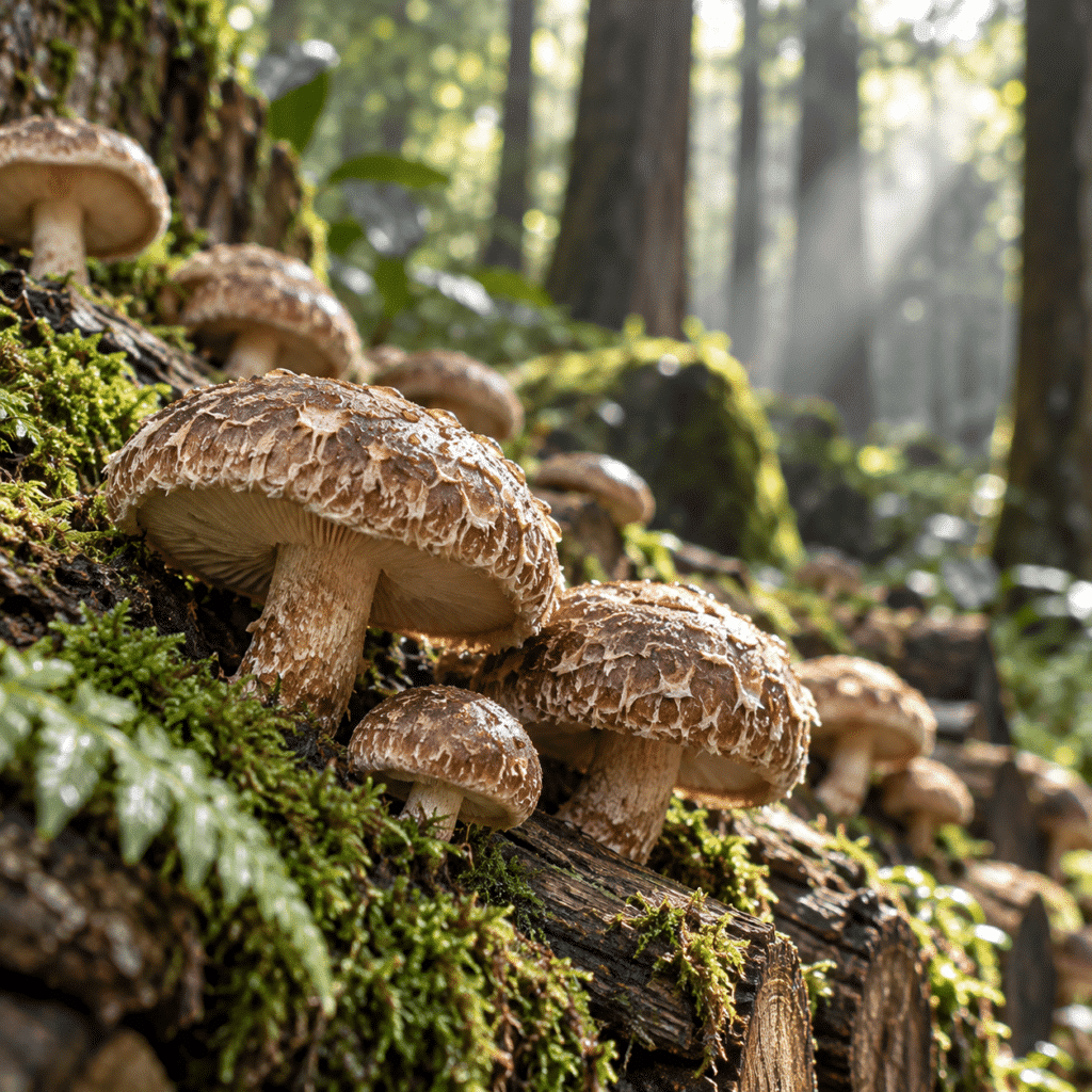 Le shiitake, traditionnellement cultivé sur des bûches de bois dur, est un champignon originaire d’Asie aujourd’hui parmi les plus consommés au monde.
