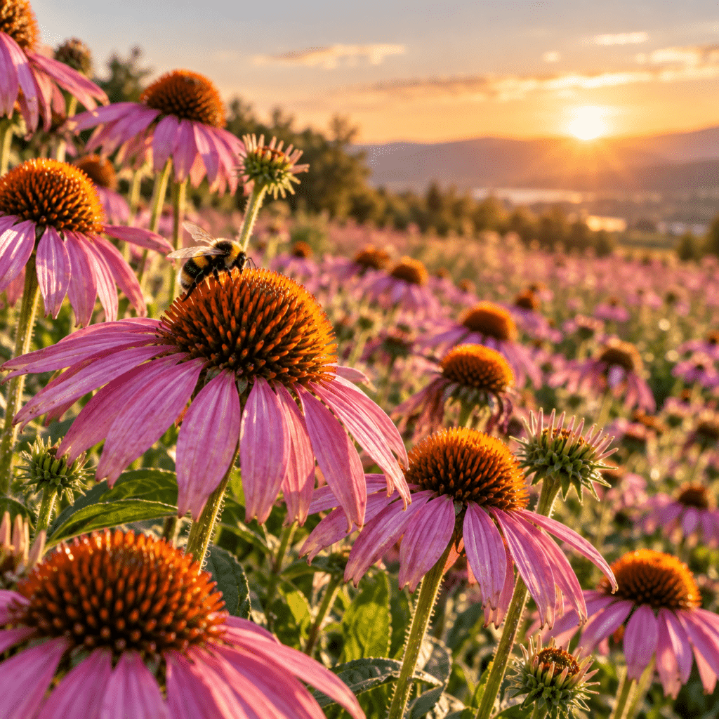L’échinacée pourpre, avec ses grandes fleurs visitées par les bourdons, est une plante originaire des prairies d’Amérique du Nord aujourd’hui largement cultivée pour sa floraison caractéristique.