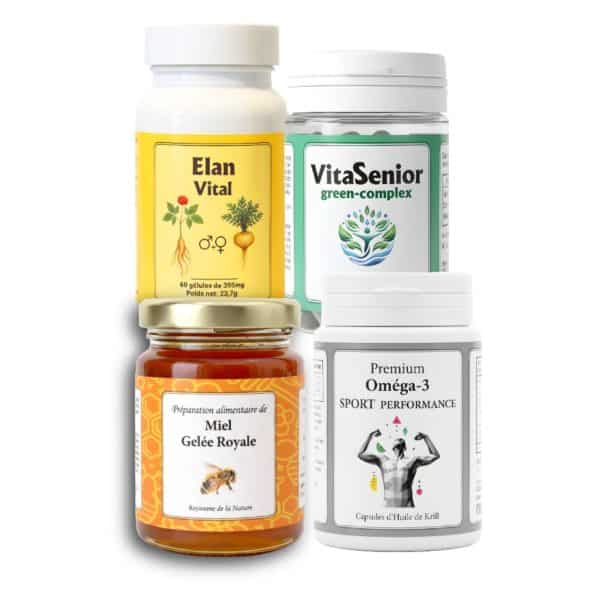 La Formule Vitalité PREMIUM réunit trois compléments de haute qualité, soigneusement sélectionnés pour offrir un accompagnement nutritionnel renforcé. Elle s’adresse à celles et ceux qui souhaitent soutenir leur énergie, leur vitalité et leur bien-être global, notamment lors des périodes de fatigue, de sollicitations physiques ou mentales accrues, ou simplement pour préserver leur qualité de vie sur le long terme.