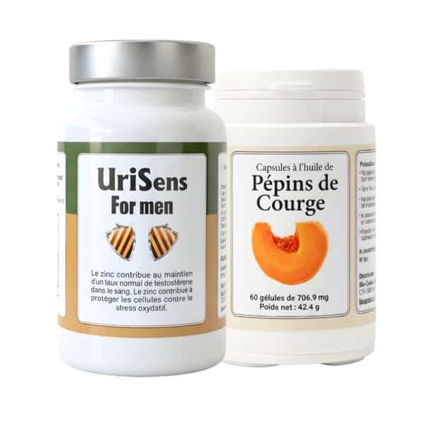 La Formule « Pour Monsieur » associe deux compléments naturels soigneusement sélectionnés pour accompagner le confort urinaire et le bien-être masculin au quotidien.