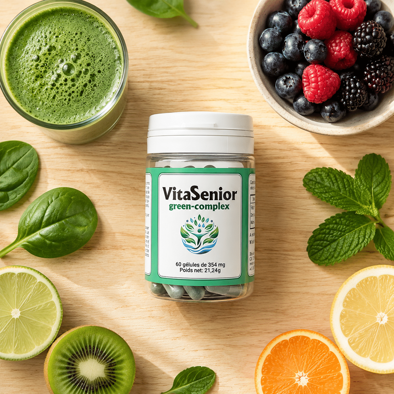 Le VitaSenior green-complex de Bio-Gestion associe spiruline, camu-camu (une source naturelle de vitamine C), extrait de pépins de raisin et zinc. Une formule végétale pensée pour accompagner la vitalité des personnes actives de plus de 50 ans, en complément d’une alimentation équilibrée et d’une activité physique régulière.