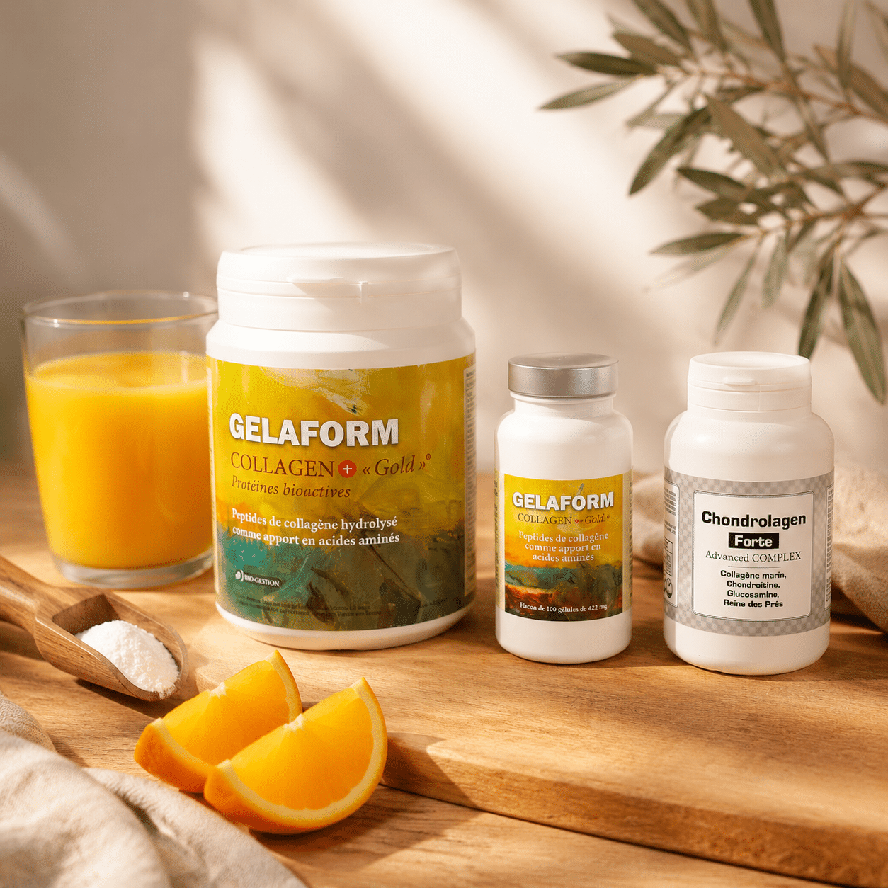 Le Gelaform Collagen+ Gold est un collagène hydrolysé en poudre, soluble et sans goût prononcé. Sa forme peptidique favorise l’assimilation, et il s’utilise idéalement dissous dans un jus riche en vitamine C pour optimiser la formation naturelle de collagène. C’est l’un des produits historiques de Bio-Gestion, proposé depuis plus de 40 ans.
Le Chondrolagen Forte va plus loin avec une formule synergique : il associe le collagène à la glucosamine, la chondroïtine, le cuivre, le manganèse et la Reine des prés. Cette combinaison en gélules est pensée pour celles et ceux qui souhaitent cibler spécifiquement le confort des structures de soutien.