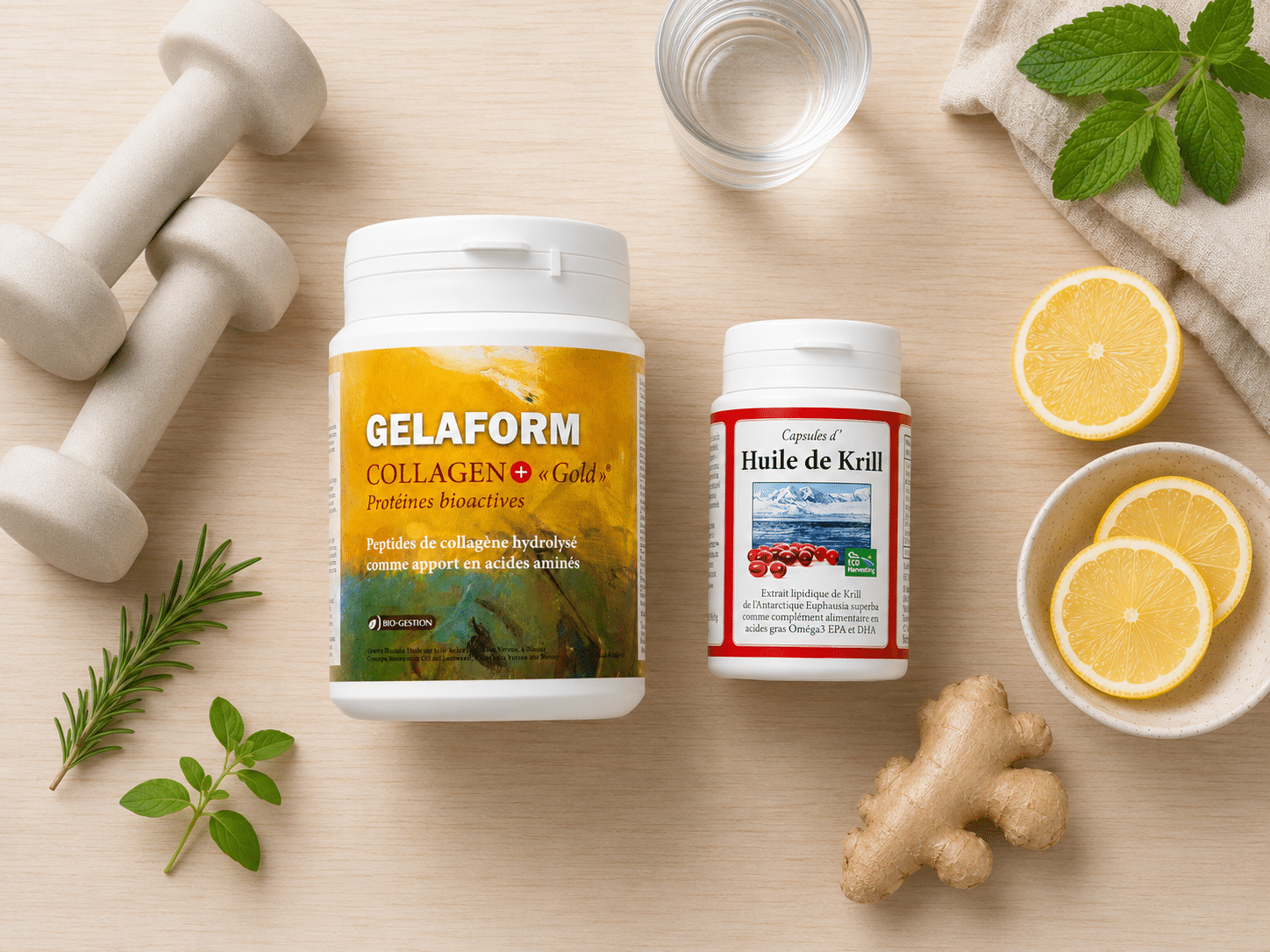 trois produits Bio-Gestion peuvent accompagner une bonne hygiène de vie : le GELAFORM Collagen+ Gold (apport complémentaire de protéines), l’Huile de Krill (oméga-3 EPA et DHA) et l’Immun+ D3 (vitamine D). Ils ne remplacent ni l’activité physique ni une alimentation équilibrée, ils les complètent.