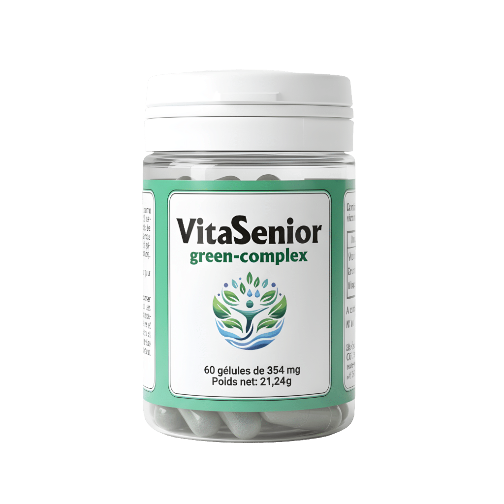 VitaSenior green-complex associe spiruline riche en fer, camu-camu source de vitamine C, extrait de pépins de raisin (OPC), et zinc.