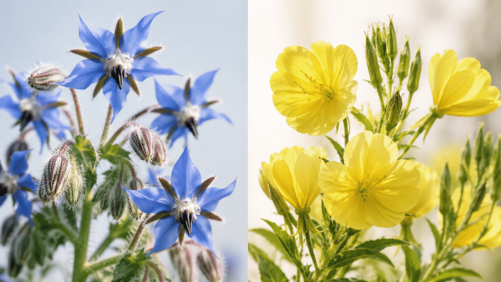 La bourrache (Borago officinalis) est cette fleur bleue en étoile que l’on croise dans les jardins et les potagers. Ses graines fournissent l’huile la plus riche en GLA de toutes. L’onagre (Oenothera biennis) porte un joli surnom : la « primevère du soir », car ses fleurs jaunes s’ouvrent à la tombée du jour. Originaire d’Amérique du Nord, elle a été introduite en Europe au XVIIᵉ siècle. Sa teneur en GLA est plus modérée que celle de la bourrache, mais son profil global diffère légèrement.