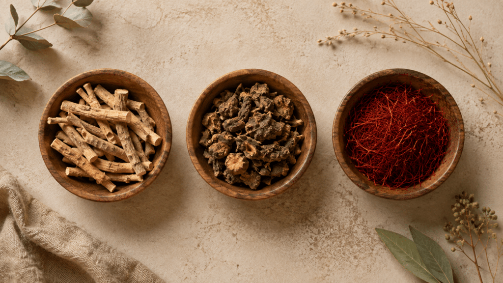 Racine d’ashwagandha, racine de rhodiola et stigmates de safran.