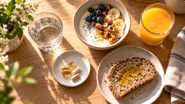 Prendre ses compléments au cours d’un repas équilibré peut favoriser l’absorption de certains nutriments et permet de les intégrer simplement à la routine quotidienne.
