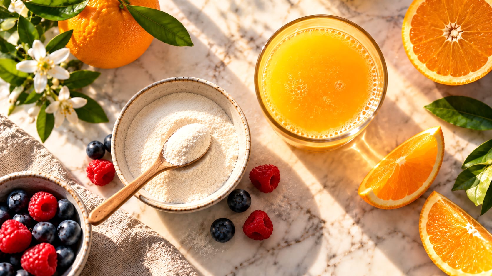 Associer une poudre de collagène à une source de vitamine C, comme un jus d’orange, contribue à la formation normale de collagène dans l’organisme.