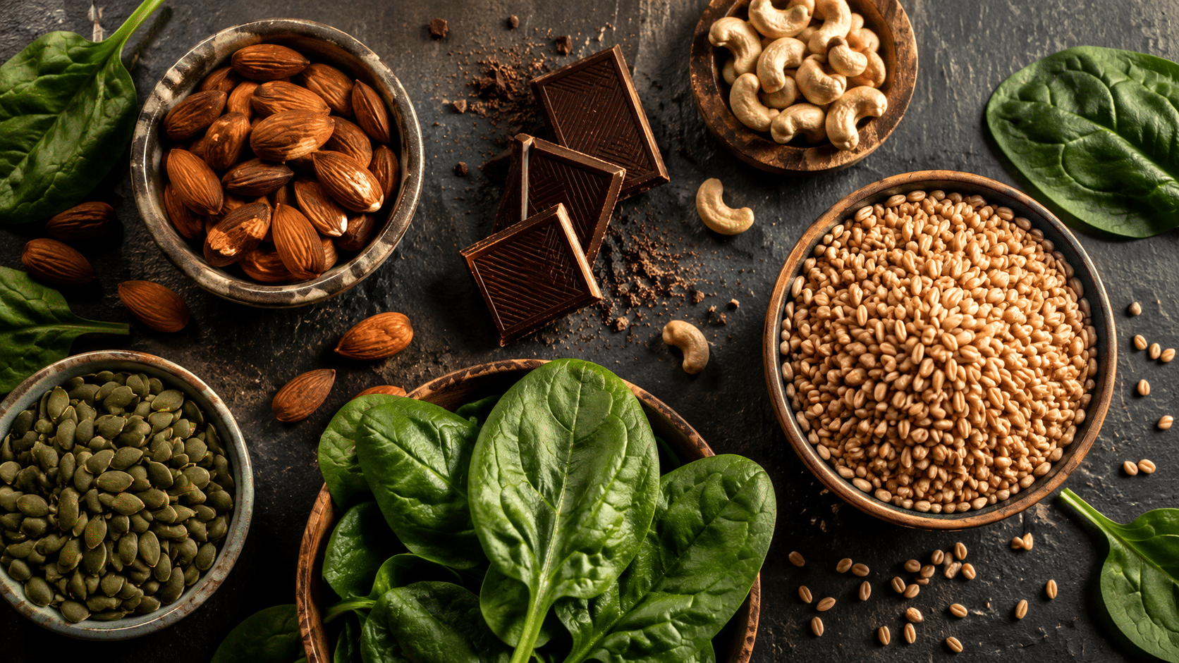 Oléagineux, graines, légumes verts et chocolat noir figurent parmi les sources alimentaires les plus riches en magnésium. Le raffinage des céréales en retire une bonne partie.