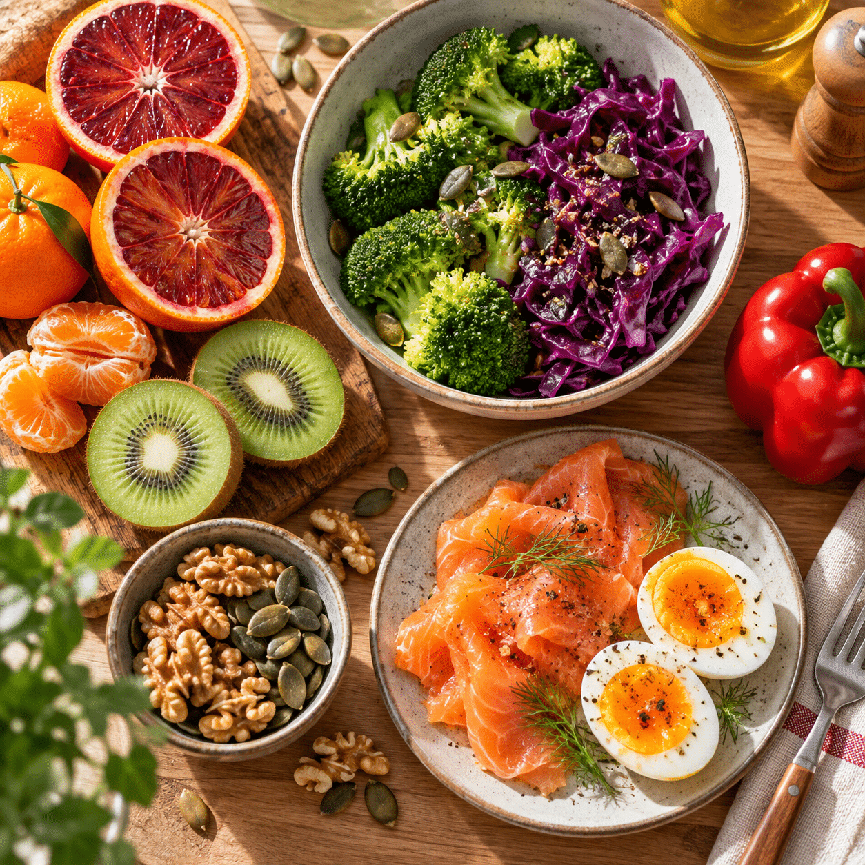 Agrumes, kiwis, brocoli et chou rouge apportent naturellement de la vitamine C, tandis que les graines, le poisson et d’autres aliments contribuent aux apports en zinc.